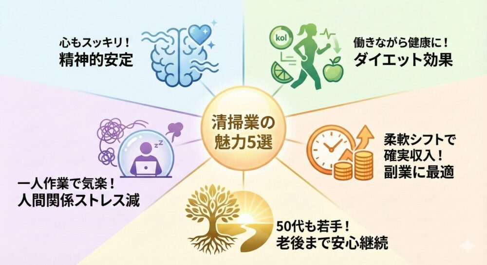 H2見出し「「やめとけなんて言わせない！」働いて良かった清掃業の魅力5選」のアイキャッチ画像